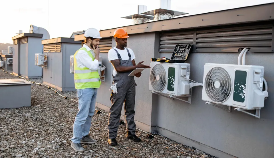 Two technicians reviewing rooftop air-conditioning units